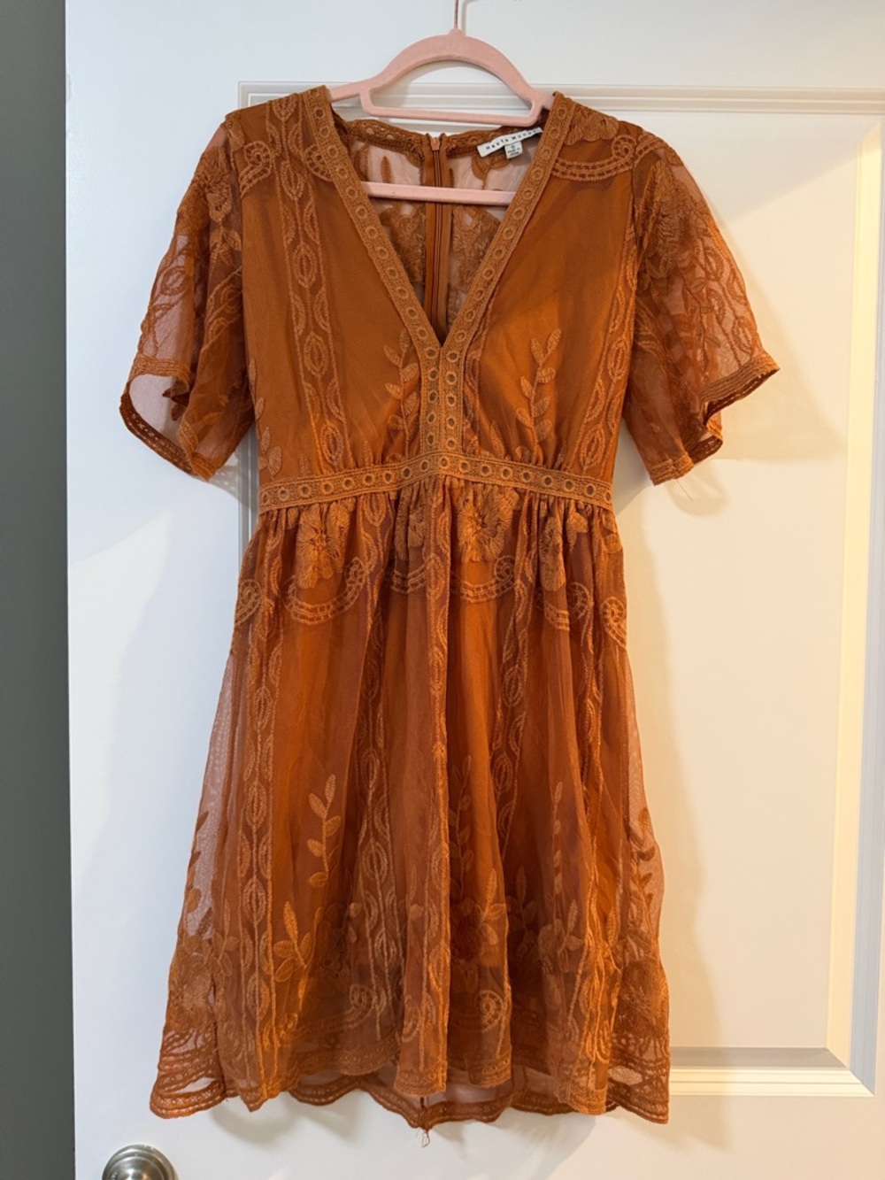 Haute Monde S Rust Lace V-Neck Mini Dress